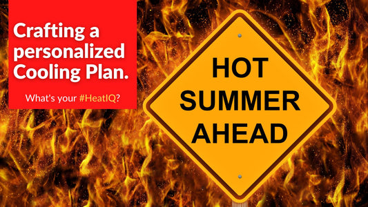 Crafting a personal cooling plan. Flames with a yellow road sign that says hot summer ahead