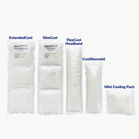 GIF of five ThermApparel Cooling Packs: ExtendedCool, SlimCool, FlexCool Headband, CoolSleeve66, and Mini Cooling Pack