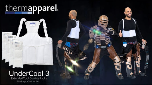 This image promotes ThermApparel’s UnderCool 3 ExtendedCool Cooling Packs (large, white), showing the vest and a man wearing it with a sci-fi costume.
