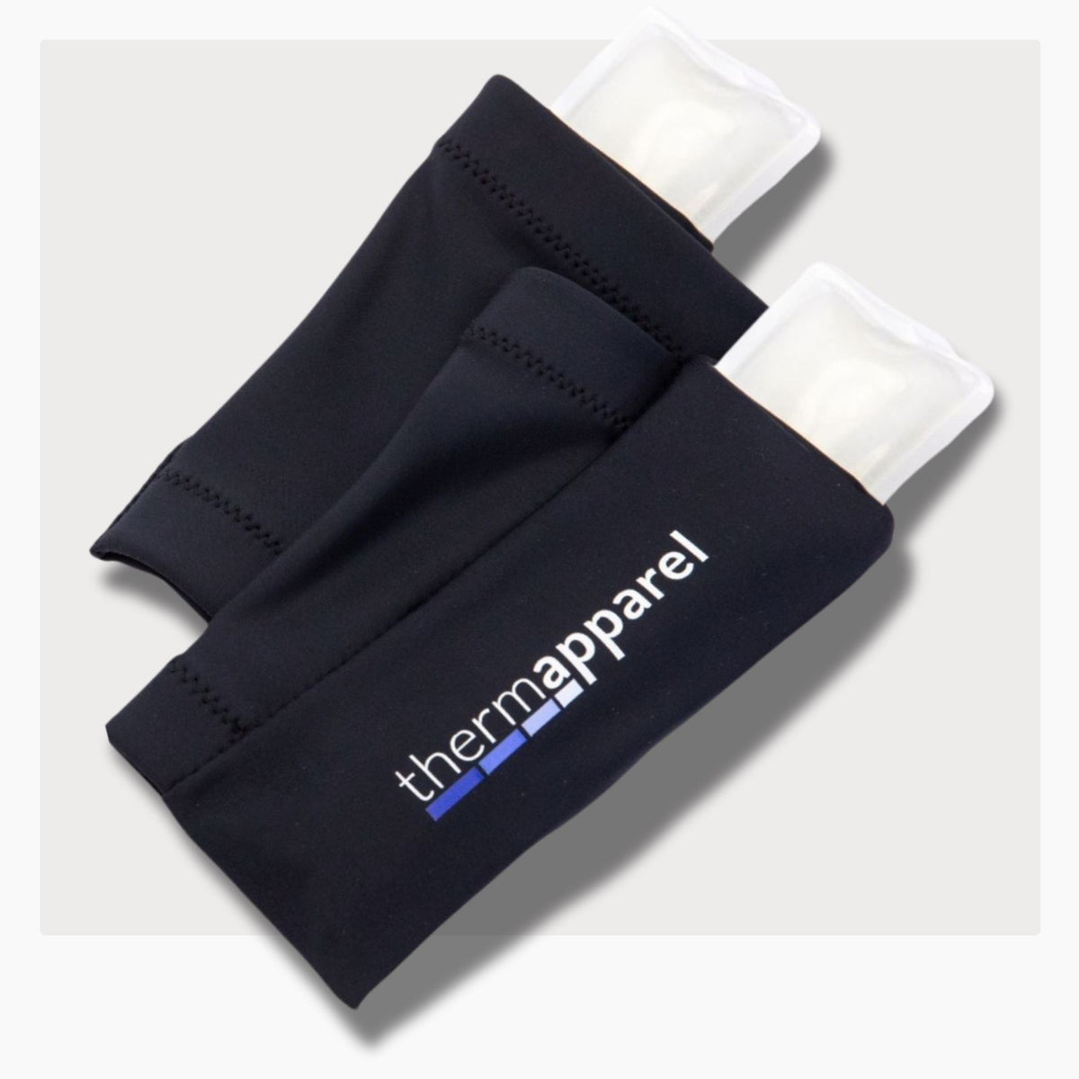Black thermapparel CoolSleeve's with cooling packs on a white background