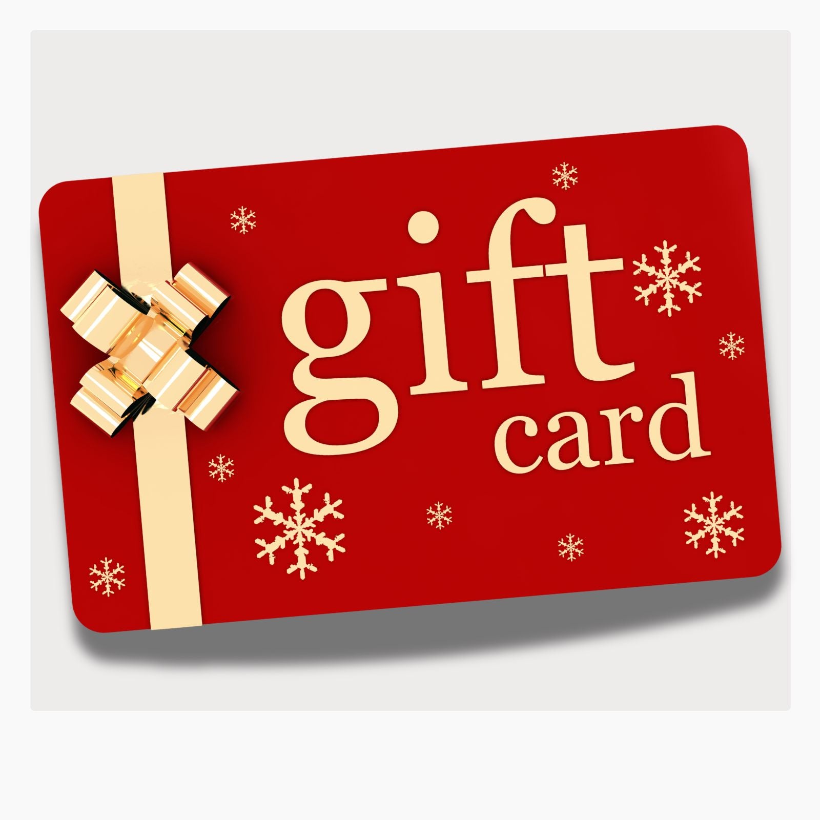 ThermApparel Red gift card with gold bow and snowflakes on a white background