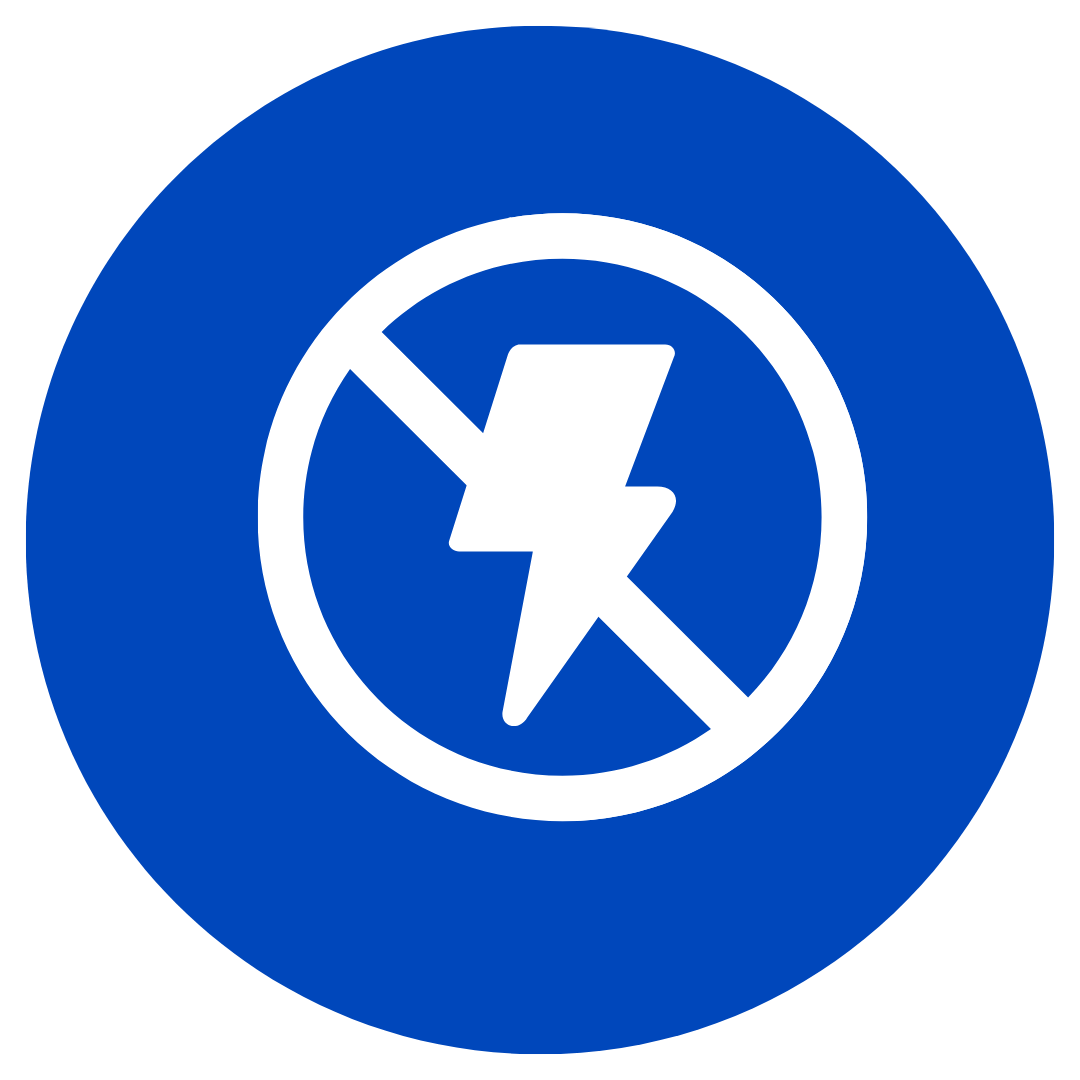 Blue icon of a power symbol with a slash through it indicating no power, no electricity