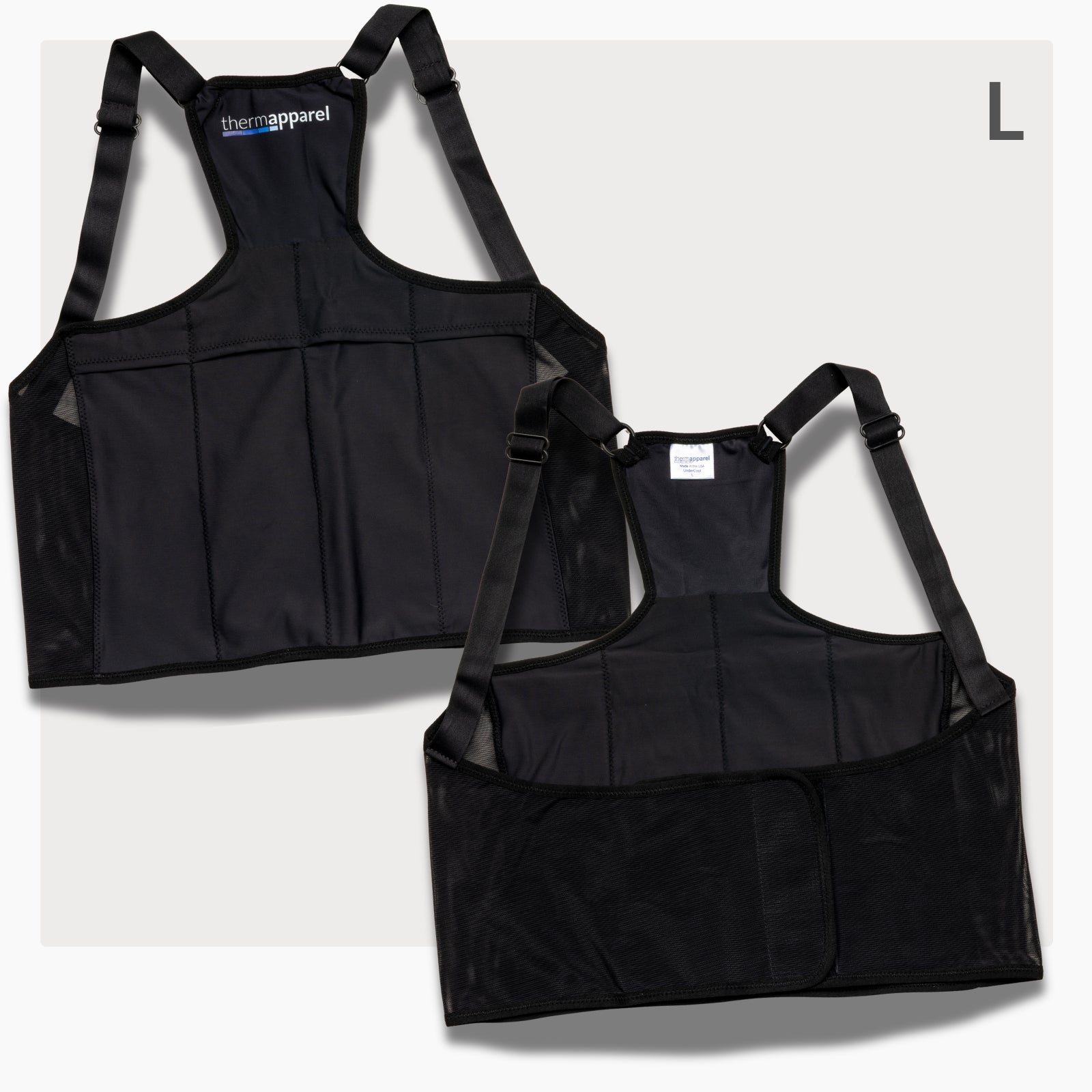 ThermApparel UnderCool 3 Cooling Vest Garment LARGE Black Front and Back view on a white background