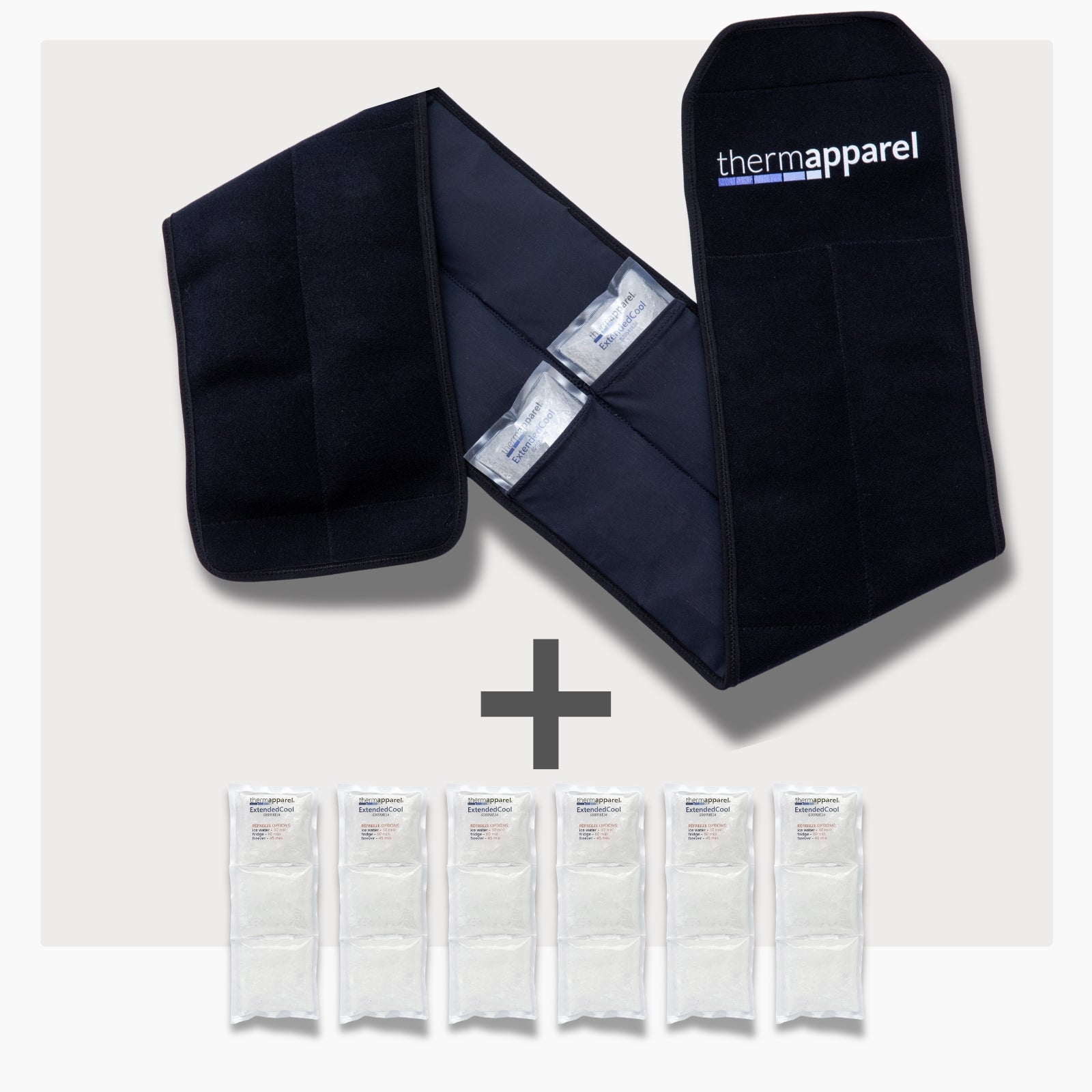 RallyWrap 6 Double Pack Cooling Vest Bundle with 6 ExtendedCool Cooling Packs in the Black RallyWrap garment and 6 spare ExtendedCool Cooling packs on a white background. 