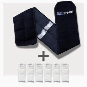 RallyWrap 6 Double Pack Cooling Vest Bundle with 6 ExtendedCool Cooling Packs in the Black RallyWrap garment and 6 spare ExtendedCool Cooling packs on a white background. 