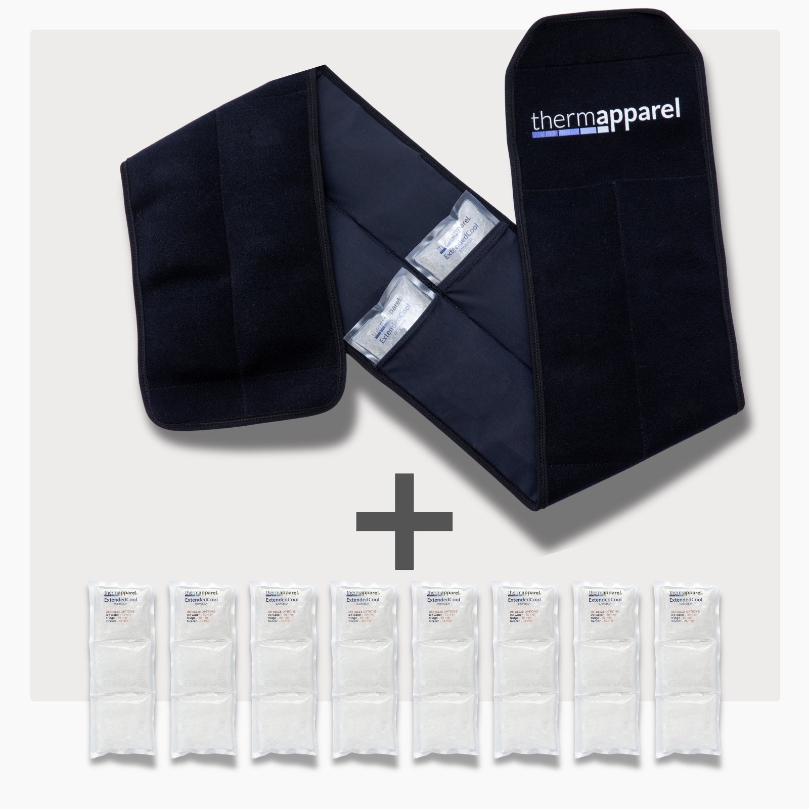 RallyWrap 8 Double Pack Cooling Vest Bundle with 8 ExtendedCool Cooling Packs in the Black RallyWrap garment and  spare ExtendedCool Cooling packs on a white background. 