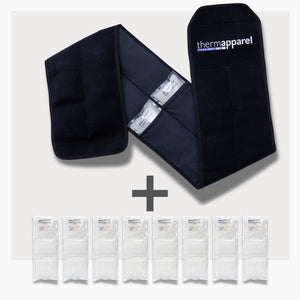 RallyWrap 8 Double Pack Cooling Vest Bundle with 8 ExtendedCool Cooling Packs in the Black RallyWrap garment and  spare ExtendedCool Cooling packs on a white background. 