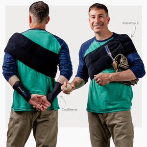 A man wearing ThermApparel CoolSleeves and RallyWrap showing the front and back view on a white backgroun