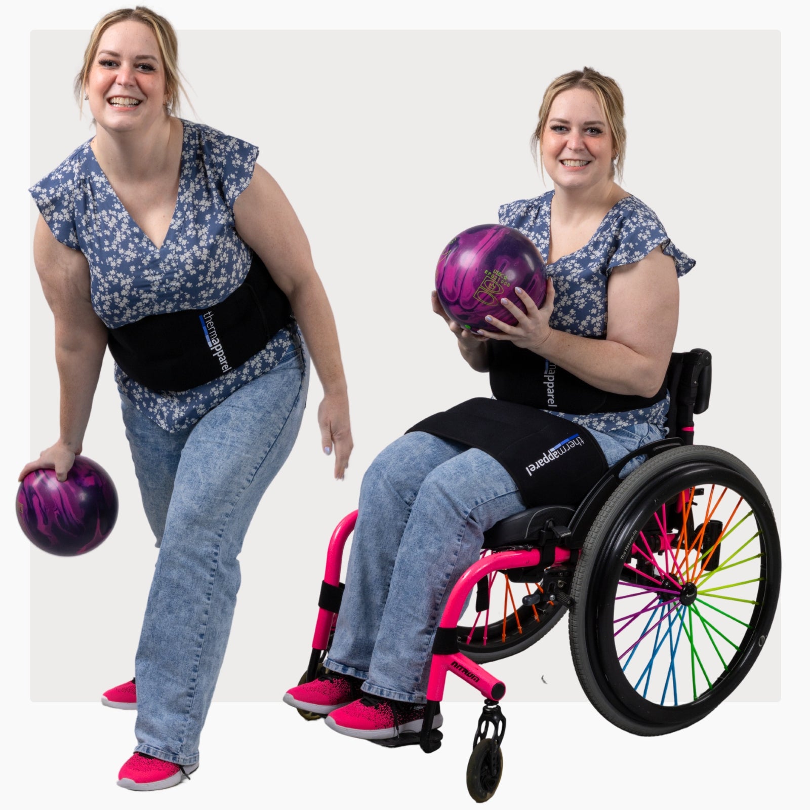 Woman wearing a ThermApparel RallyWrap standing and stilling in a wheelchair holding a bowling ball on a white background