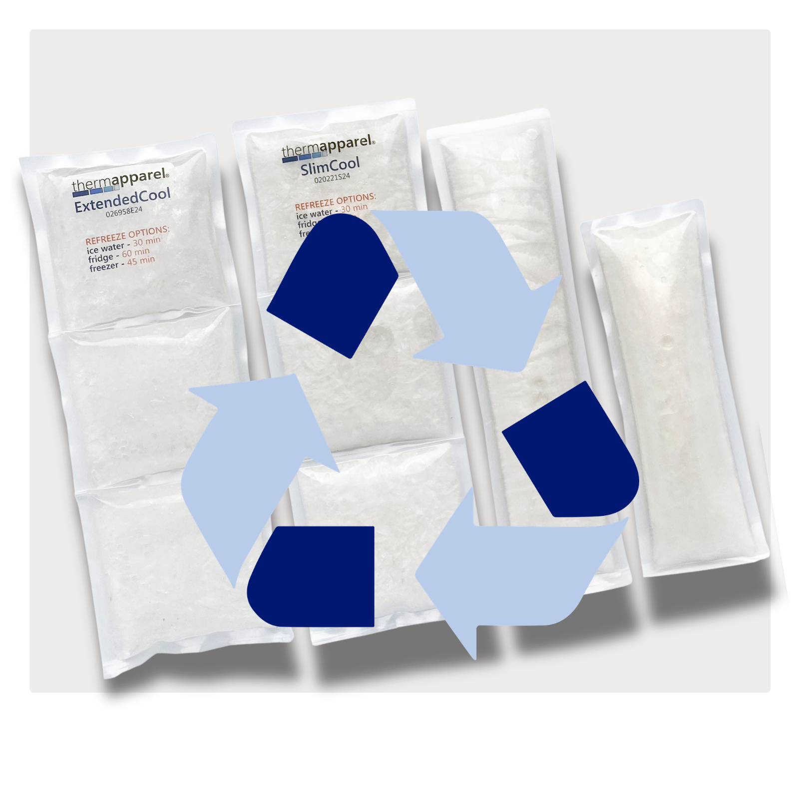 ThermApparel Cooling Packs with recycling symbols on a white background