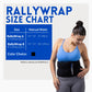 ThermApparel RallyWrap cooling waist wrap size chart with woman wearing RallyWrap 6, showing natural waist sizes 24–51 inches for RallyWrap 6 and RallyWrap 8.