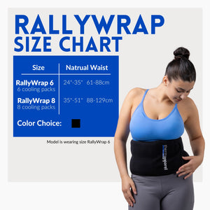 ThermApparel RallyWrap cooling waist wrap size chart with woman wearing RallyWrap 6, showing natural waist sizes 24–51 inches for RallyWrap 6 and RallyWrap 8.