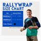 ThermApparel RallyWrap cooling waist wrap size chart with a man wearing RallyWrap 8 across his upper torso, showing natural waist sizes 24–51 inches for RallyWrap 6 and RallyWrap 8.