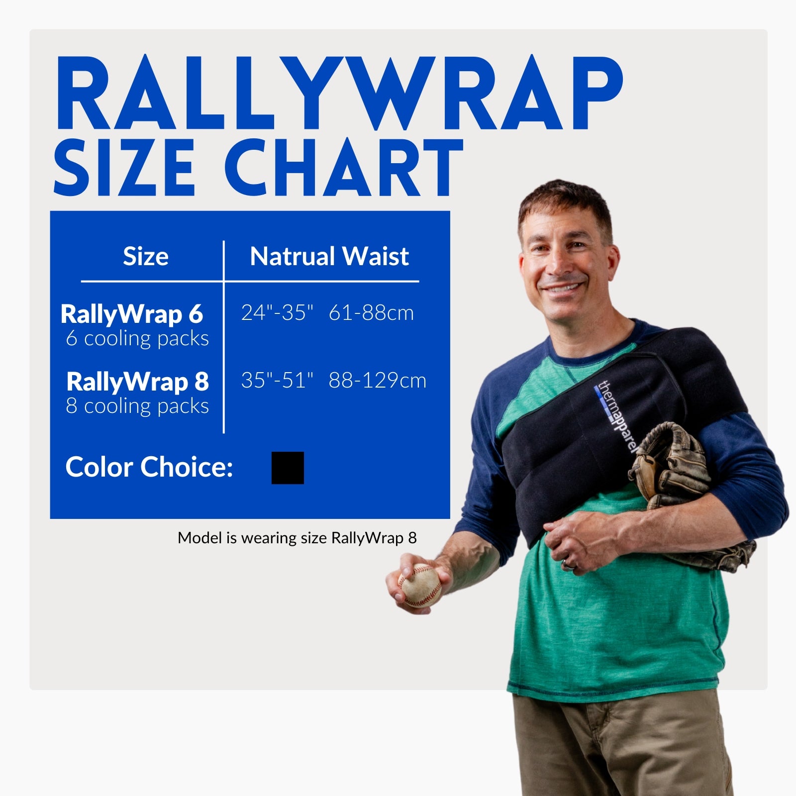 ThermApparel RallyWrap cooling waist wrap size chart with a man wearing RallyWrap 8 across his upper torso, showing natural waist sizes 24–51 inches for RallyWrap 6 and RallyWrap 8.