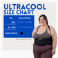 ThermApparel UltraCool Cooling Vest size chart with a woman wearing UltraCool XL/XXL, showing natural waist sizes 32-64 inches for UltraCool M/L and UltraCool XL/XXL.