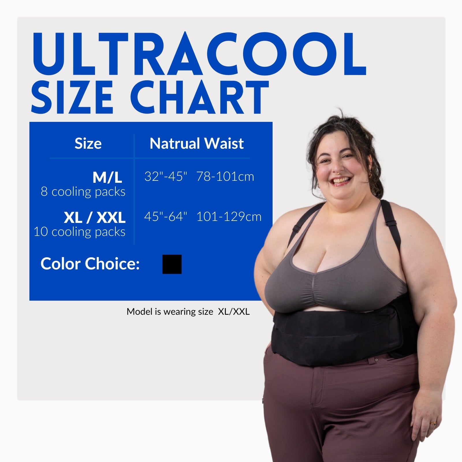 ThermApparel UltraCool Cooling Vest size chart with a woman wearing UltraCool XL/XXL, showing natural waist sizes 32-64 inches for UltraCool M/L and UltraCool XL/XXL.