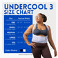 ThermApparel UnderCool Cooling Vest size chart with a woman wearing UltraCool 3 in size Large, showing natural waist sizes 18-64 inches for UnderCool, XXS, S, M, L and XXL