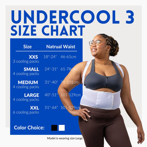 ThermApparel UnderCool Cooling Vest size chart with a woman wearing UltraCool 3 in size Large, showing natural waist sizes 18-64 inches for UnderCool, XXS, S, M, L and XXL
