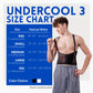 ThermApparel UnderCool Cooling Vest size chart with a man wearing UltraCool 3 in size Small, showing natural waist sizes 18-64 inches for UnderCool, XXS, S, M, L and XXL