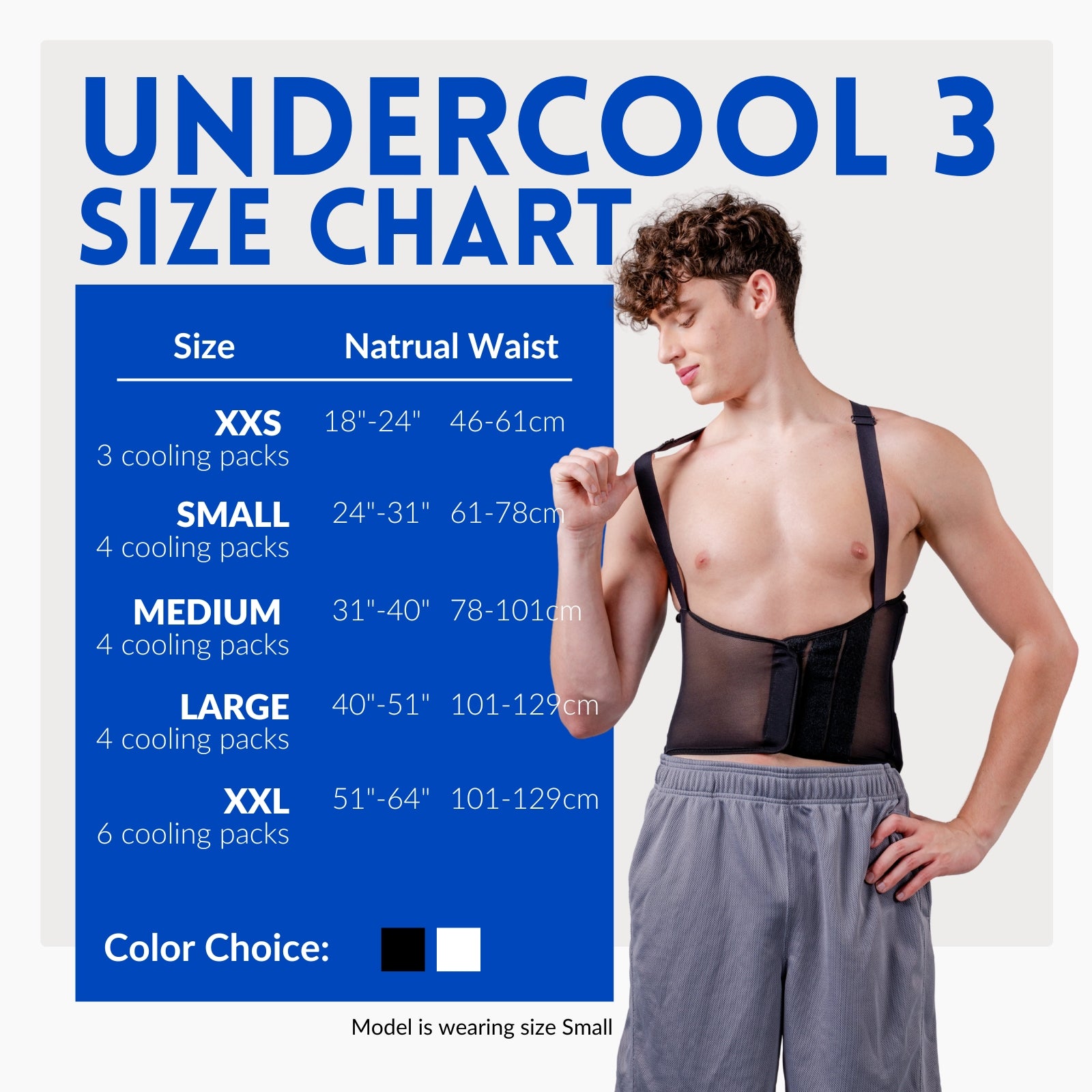 ThermApparel UnderCool Cooling Vest size chart with a man wearing UltraCool 3 in size Small, showing natural waist sizes 18-64 inches for UnderCool, XXS, S, M, L and XXL