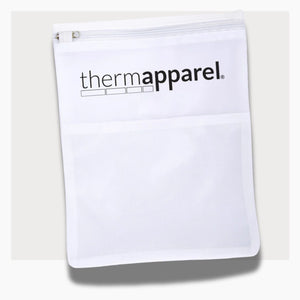 White mesh washbag with 'thermapparel' logo on a white background
