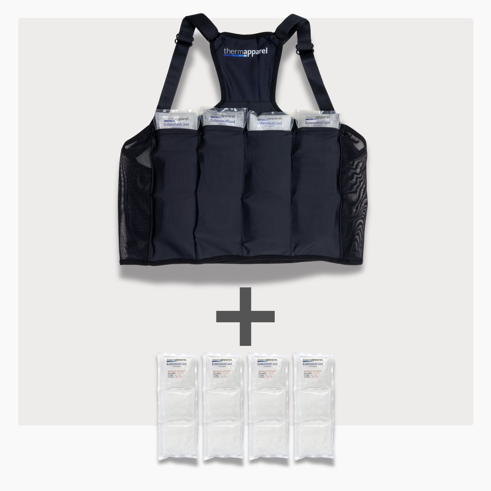 UnderCool 3 Double Pack Cooling Vest Bundle with 4 ExtendedCool Cooling Packs in the Large Black garment and 4 spare ExtendedCool Cooling packs on a white background. 