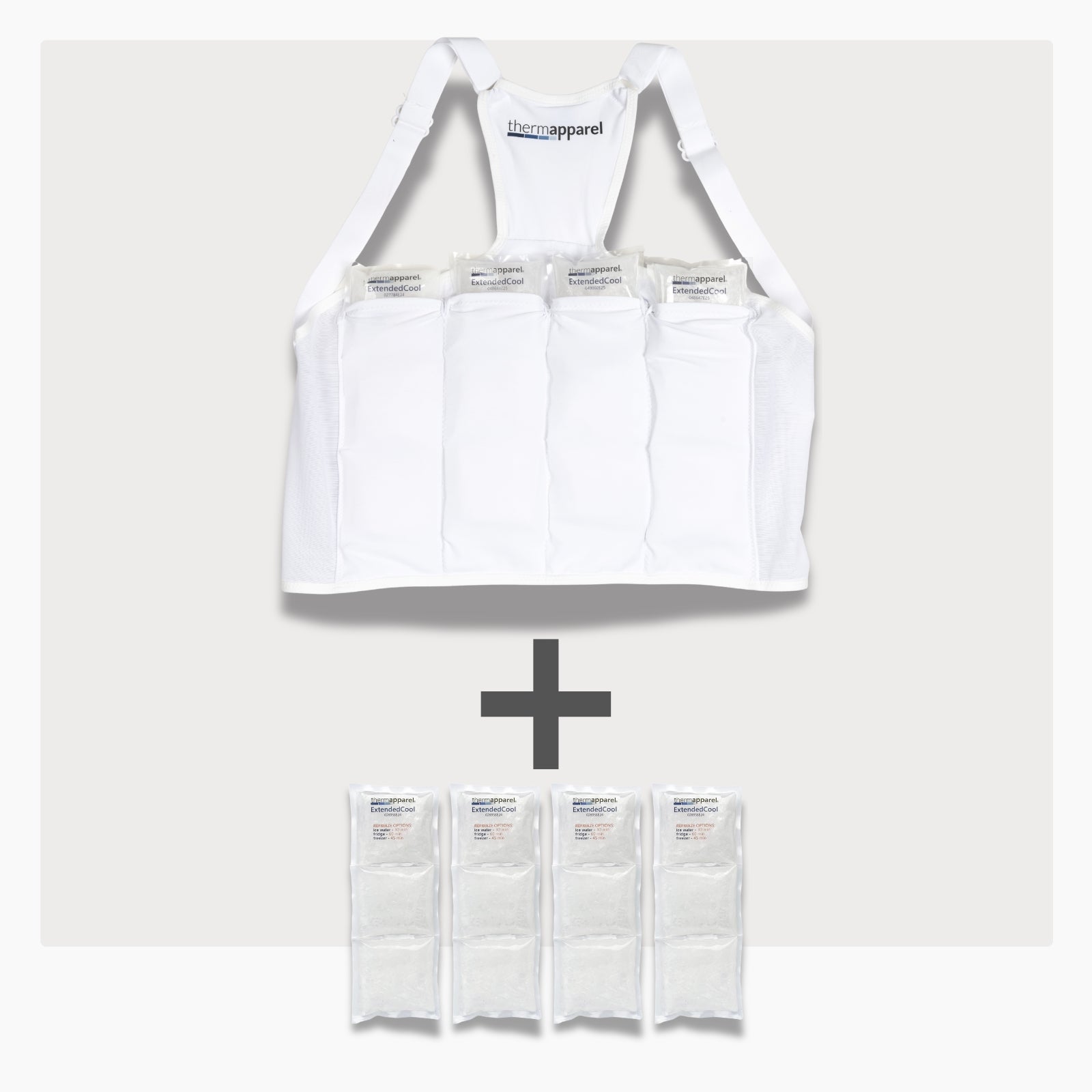 UnderCool 3 Double Pack Cooling Vest Bundle with 4 ExtendedCool Cooling Packs in the large white garment and 4 spare ExtendedCool Cooling packs on a white background. 