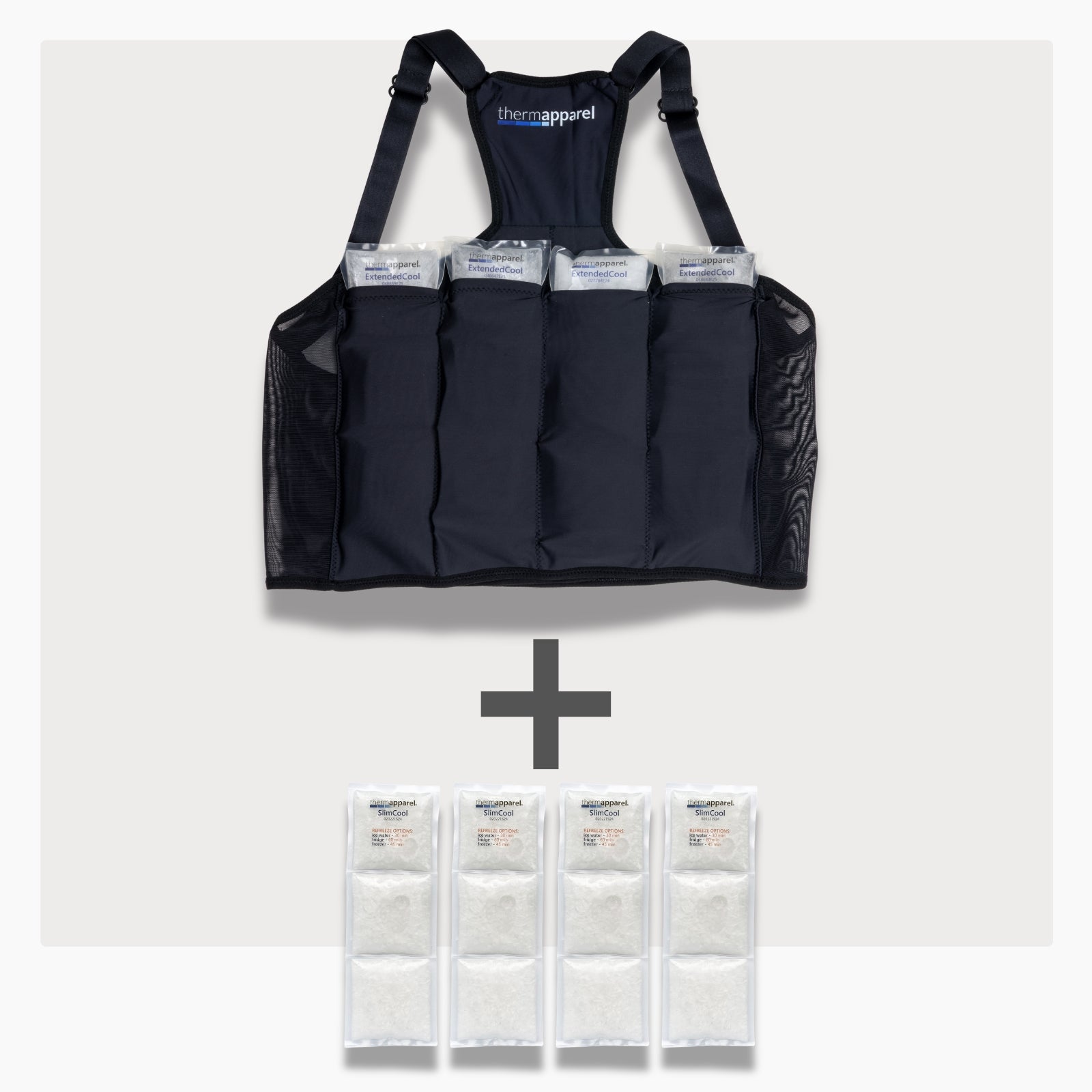 UnderCool 3 Double Pack Cooling Vest Bundle with 4 ExtendedCool Cooling Packs in the large black garment and 4 spare SlimCool Cooling packs on a white background. 