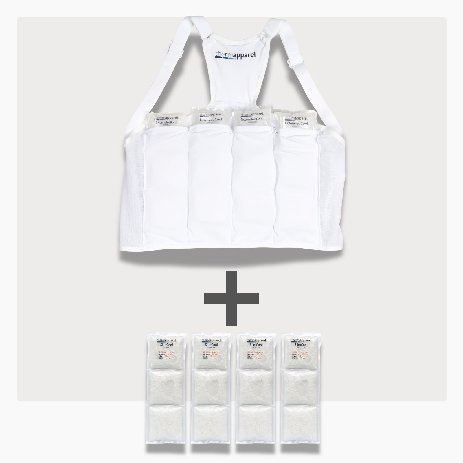 UnderCool 3 Double Pack Cooling Vest Bundle with 4 ExtendedCool Cooling Packs in the Large White garment and 4 spare SlimCool Cooling packs on a white background. 