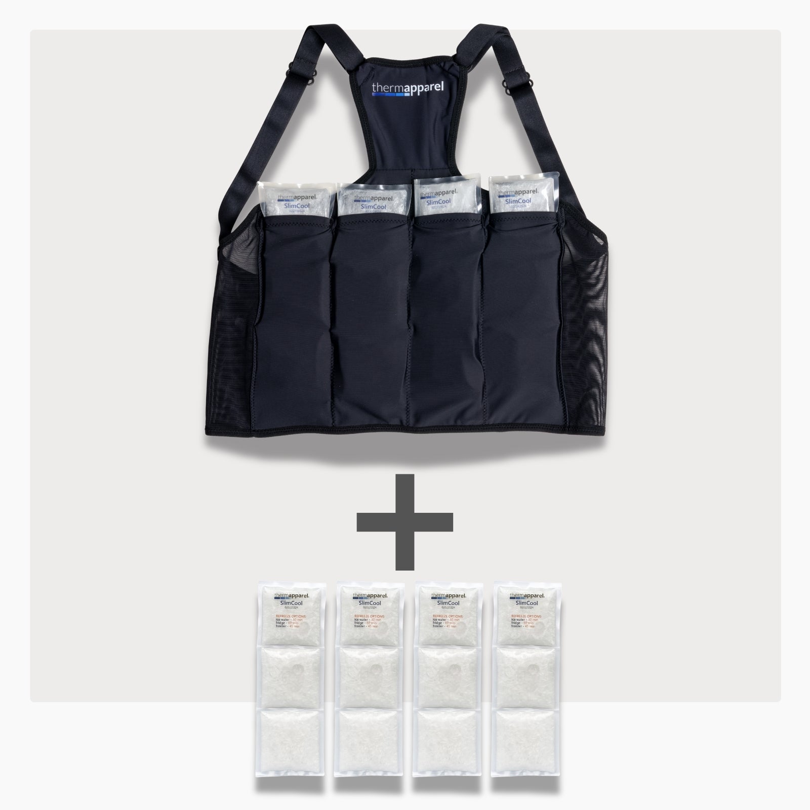 UnderCool 3 Double Pack Cooling Vest Bundle with 4 ExtendedCool Cooling Packs in the large black garment and 4 spare SlimCool Cooling packs on a white background. 