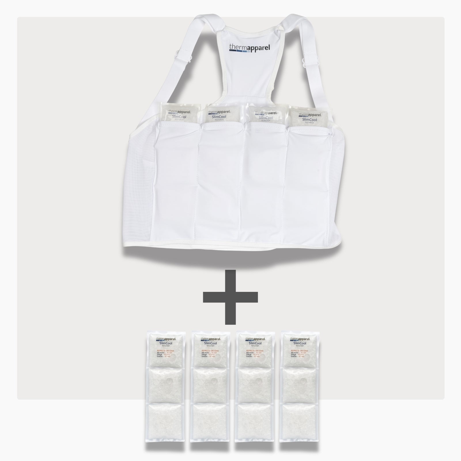 UnderCool 3 Double Pack Cooling Vest Bundle with 4 SlimCool Cooling Packs in the large white garment and 4 spare SlimCool Cooling packs on a white background. 