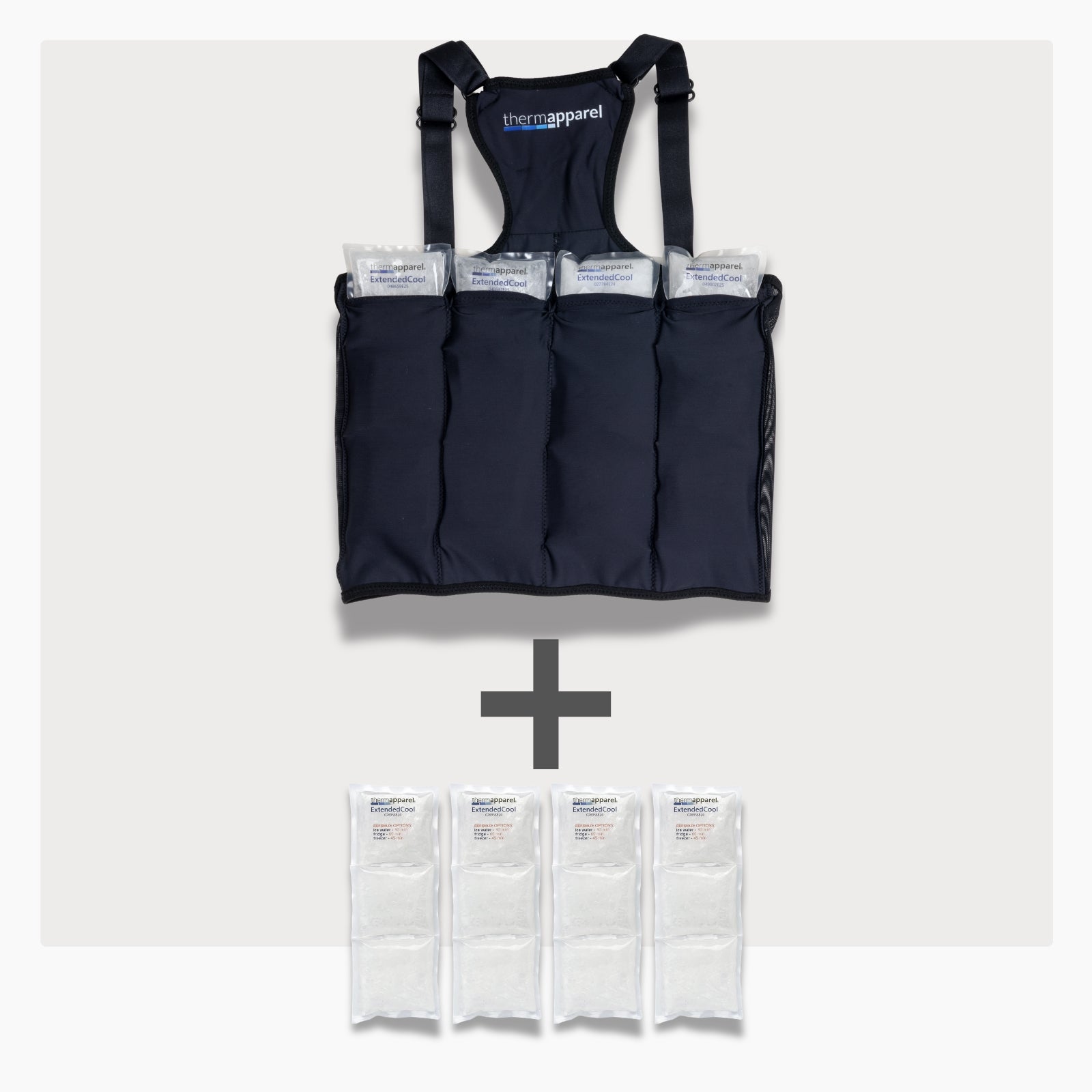 UnderCool 3 Double Pack Cooling Vest Bundle with 4 ExtendedCool Cooling Packs in the medium black garment and 4 spare ExtendedCool Cooling packs on a white background. 