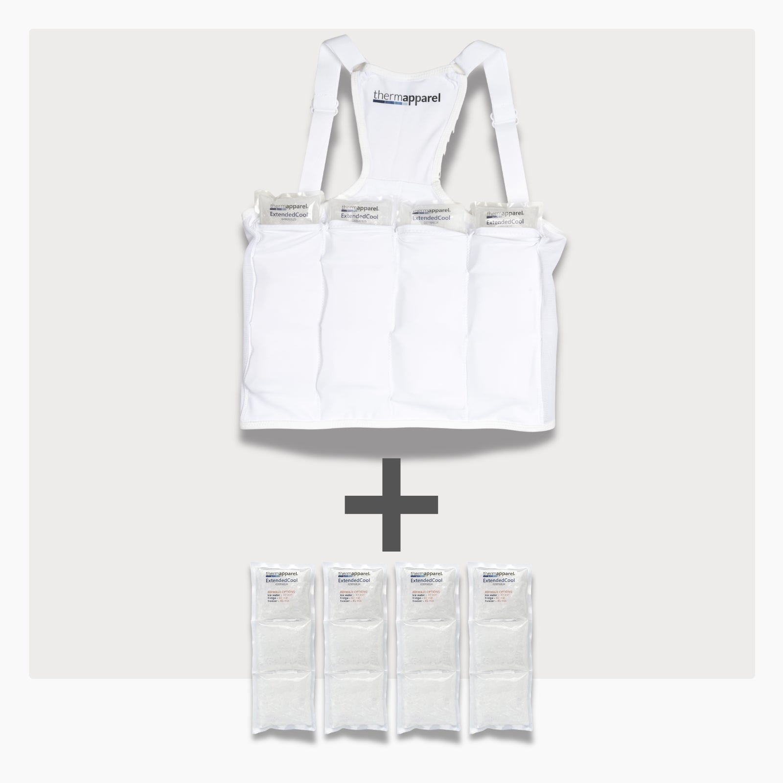 UnderCool 3 Double Pack Cooling Vest Bundle with 4 ExtendedCool Cooling Packs in the Medium White garment and 4 spare ExtendedCool Cooling packs on a white background. 