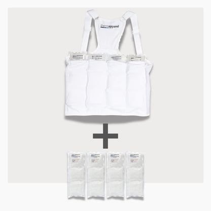 UnderCool 3 Double Pack Cooling Vest Bundle with 4 ExtendedCool Cooling Packs in the Medium White garment and 4 spare ExtendedCool Cooling packs on a white background. 