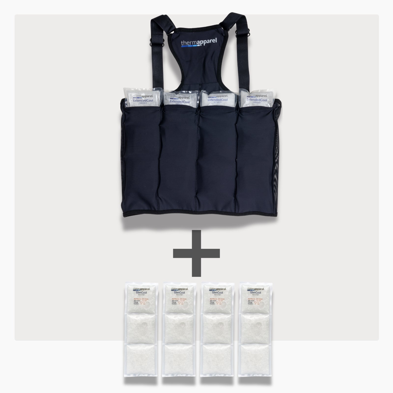 UnderCool 3 Double Pack Cooling Vest Bundle with 4 ExtendedCool Cooling Packs in the medium black garment and 4 spare SlimCool Cooling packs on a white background. 