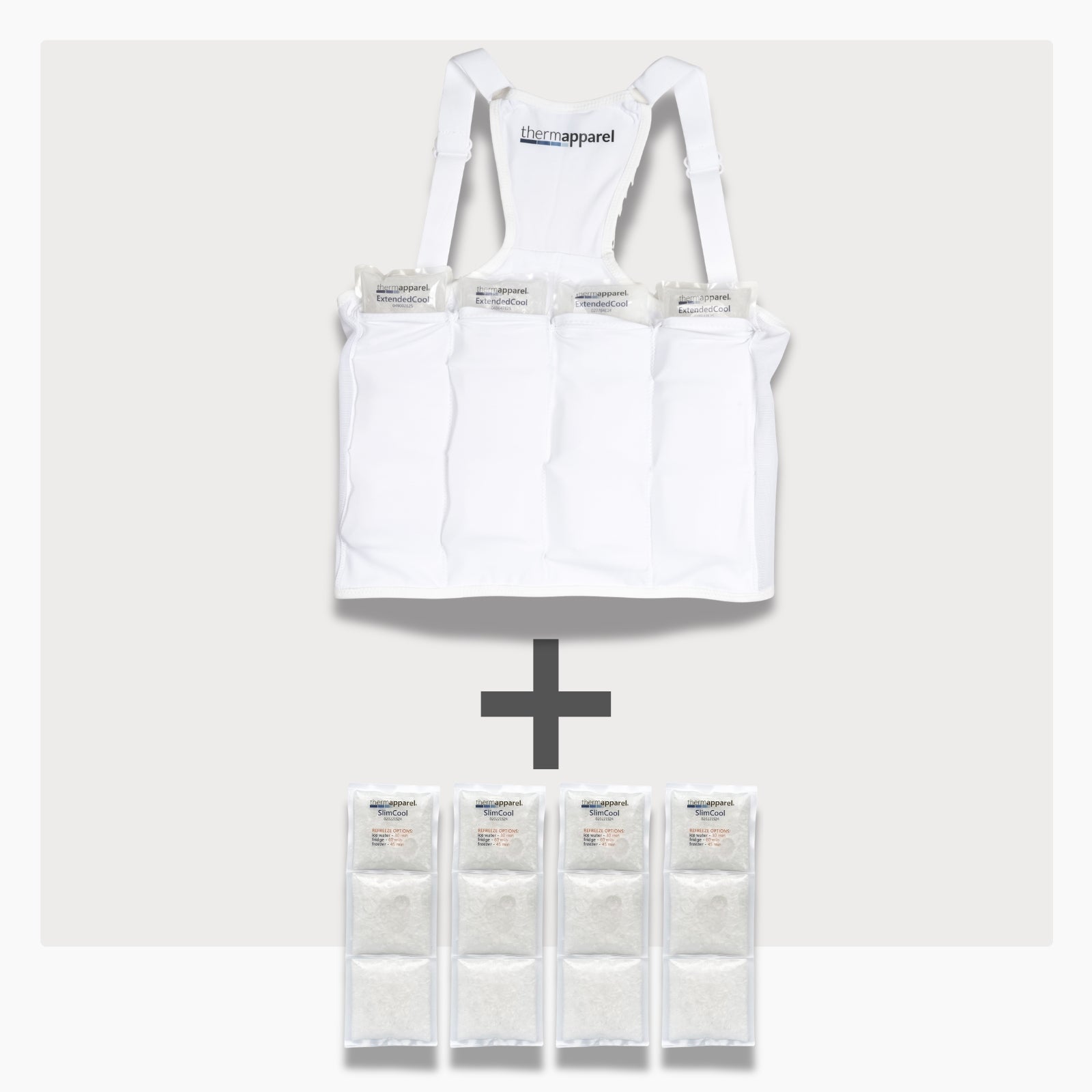 UnderCool 3 Double Pack Cooling Vest Bundle with 4 ExtendedCool Cooling Packs in the Medium White garment and 4 spare SlimCool Cooling packs on a white background. 