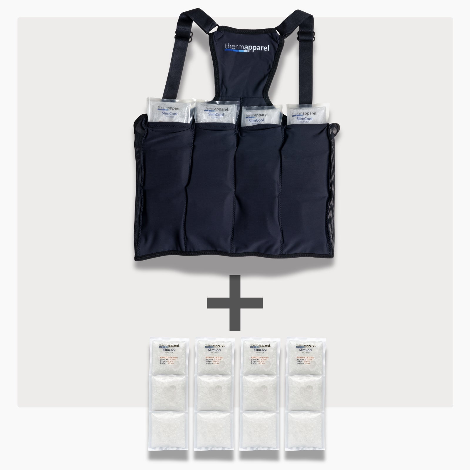 UnderCool 3 Double Pack Cooling Vest Bundle with 4 SlimCool Cooling Packs in the medium black garment and 4 spare SlimCool Cooling packs on a white background. 