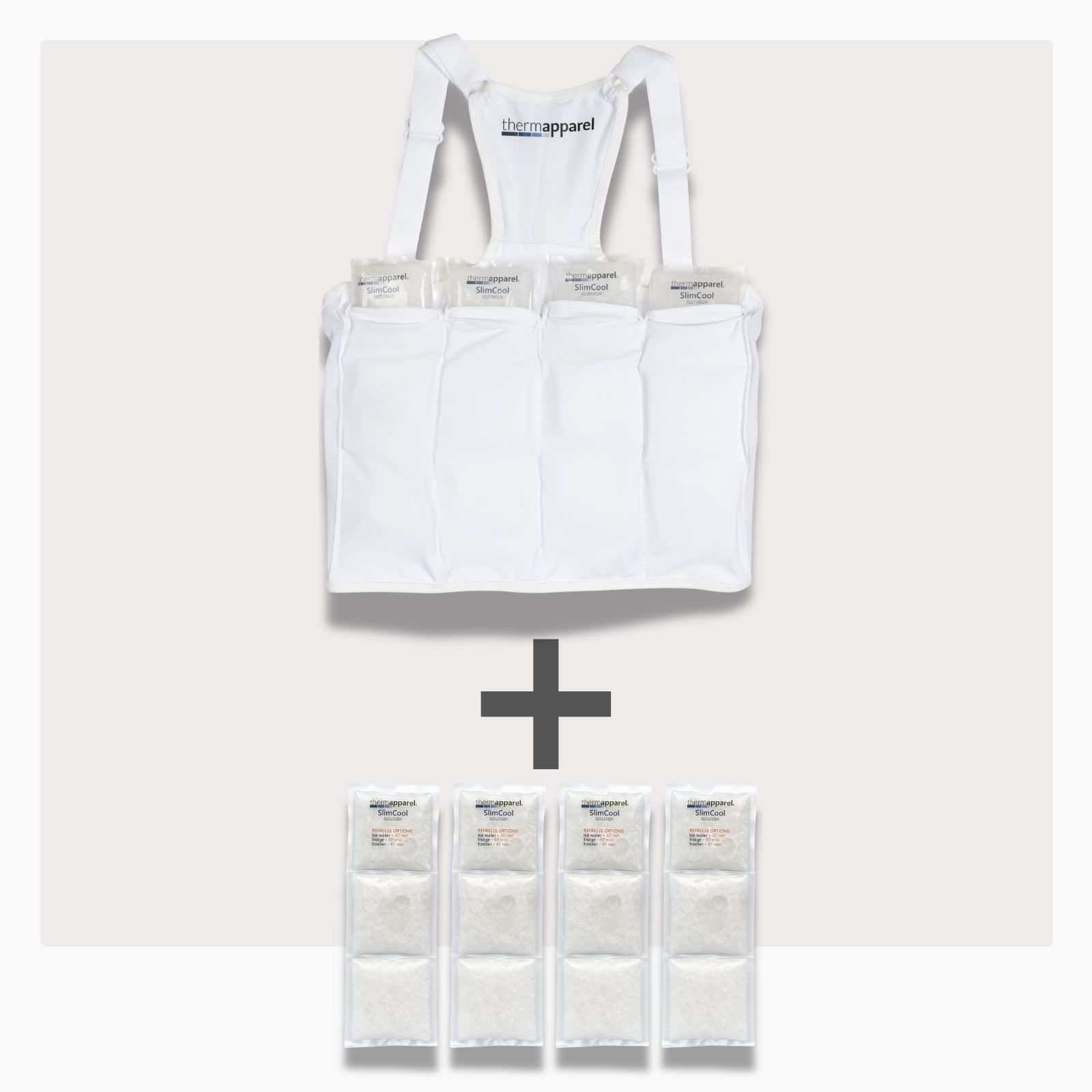 UnderCool 3 Double Pack Cooling Vest Bundle with 4 SlimCool Cooling Packs in the Small White garment and 4 spare SlimCool Cooling packs on a white background. 