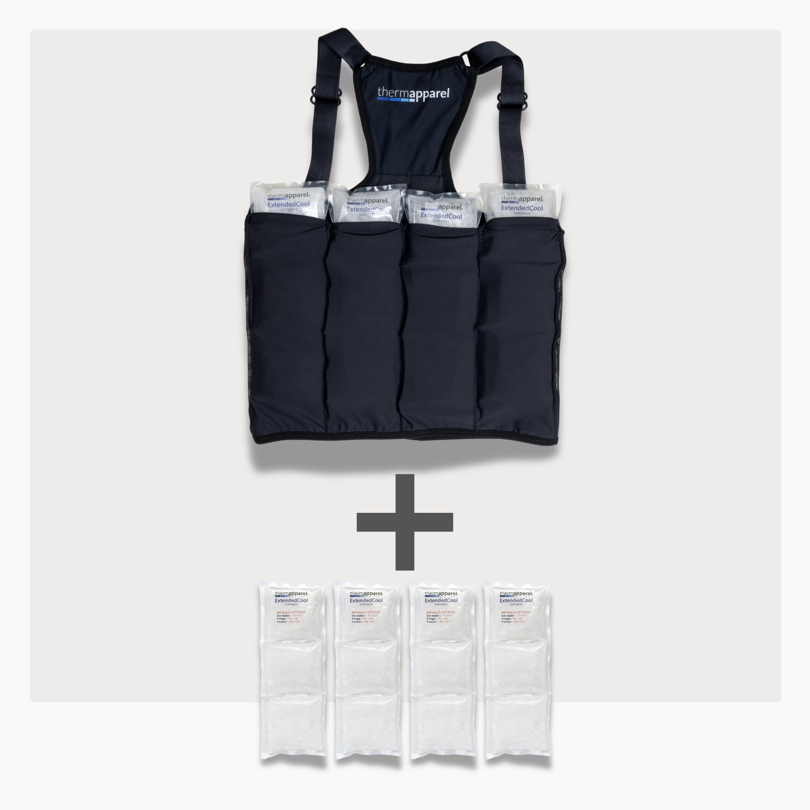 UnderCool 3 Double Pack Cooling Vest Bundle with 4 ExtendedCool Cooling Packs in the Small black garment and 4 spare ExtendedCool Cooling packs on a white background. 