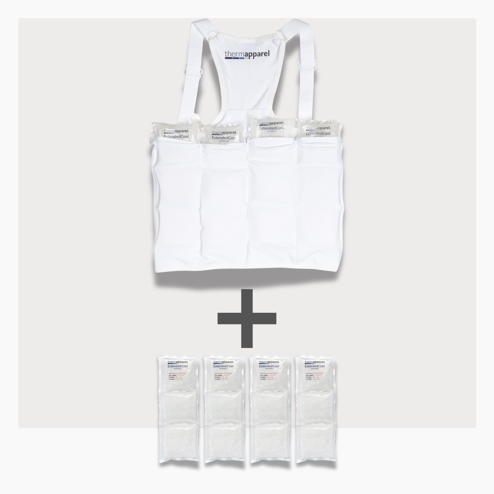 UnderCool 3 Double Pack Cooling Vest Bundle with 4 ExtendedCool Cooling Packs in the Small White garment and 4 spare ExtendedCool Cooling packs on a white background. 