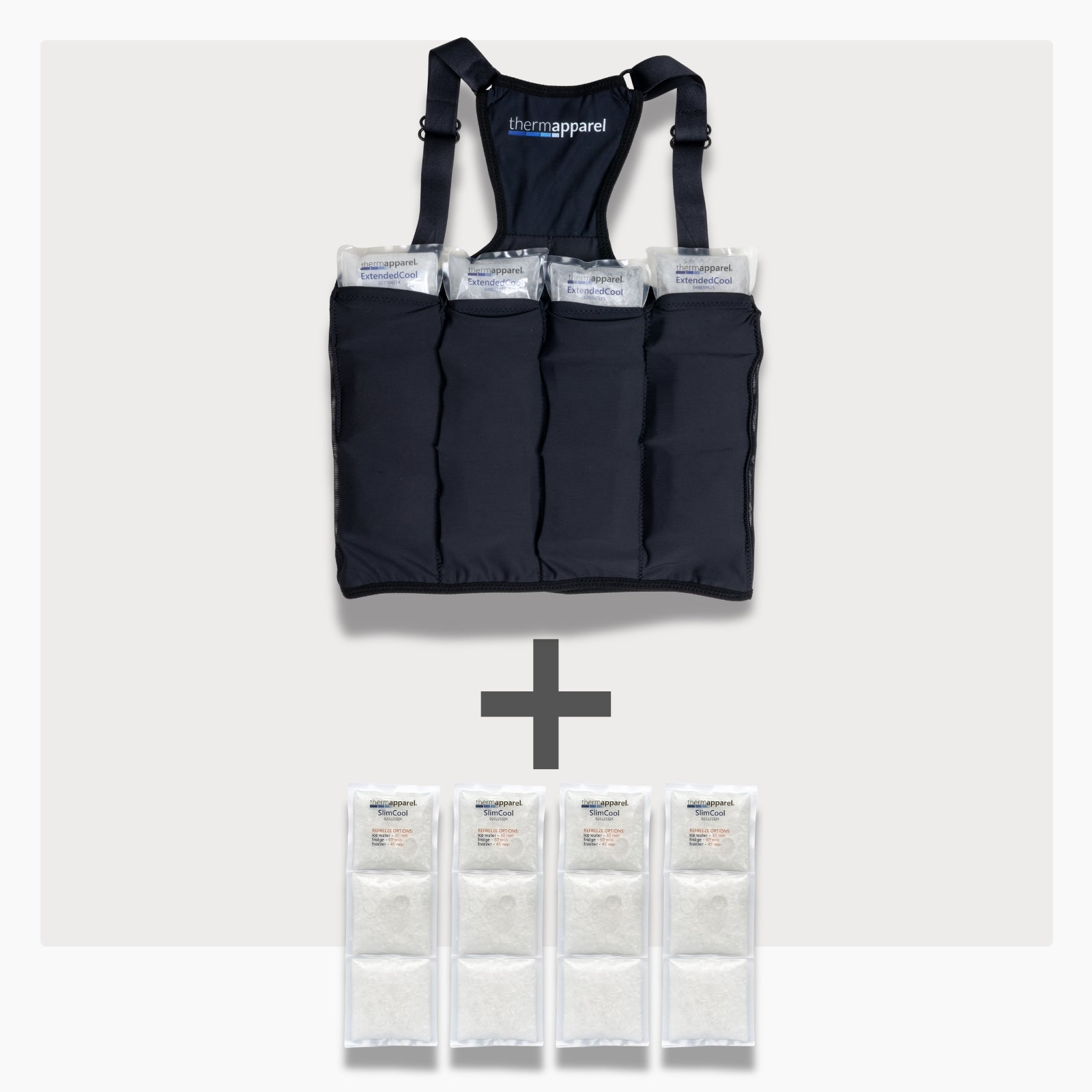 UnderCool 3 Double Pack Cooling Vest Bundle with 4 ExtendedCool Cooling Packs in the small black garment and 4 spare SlimCool Cooling packs on a white background. 
