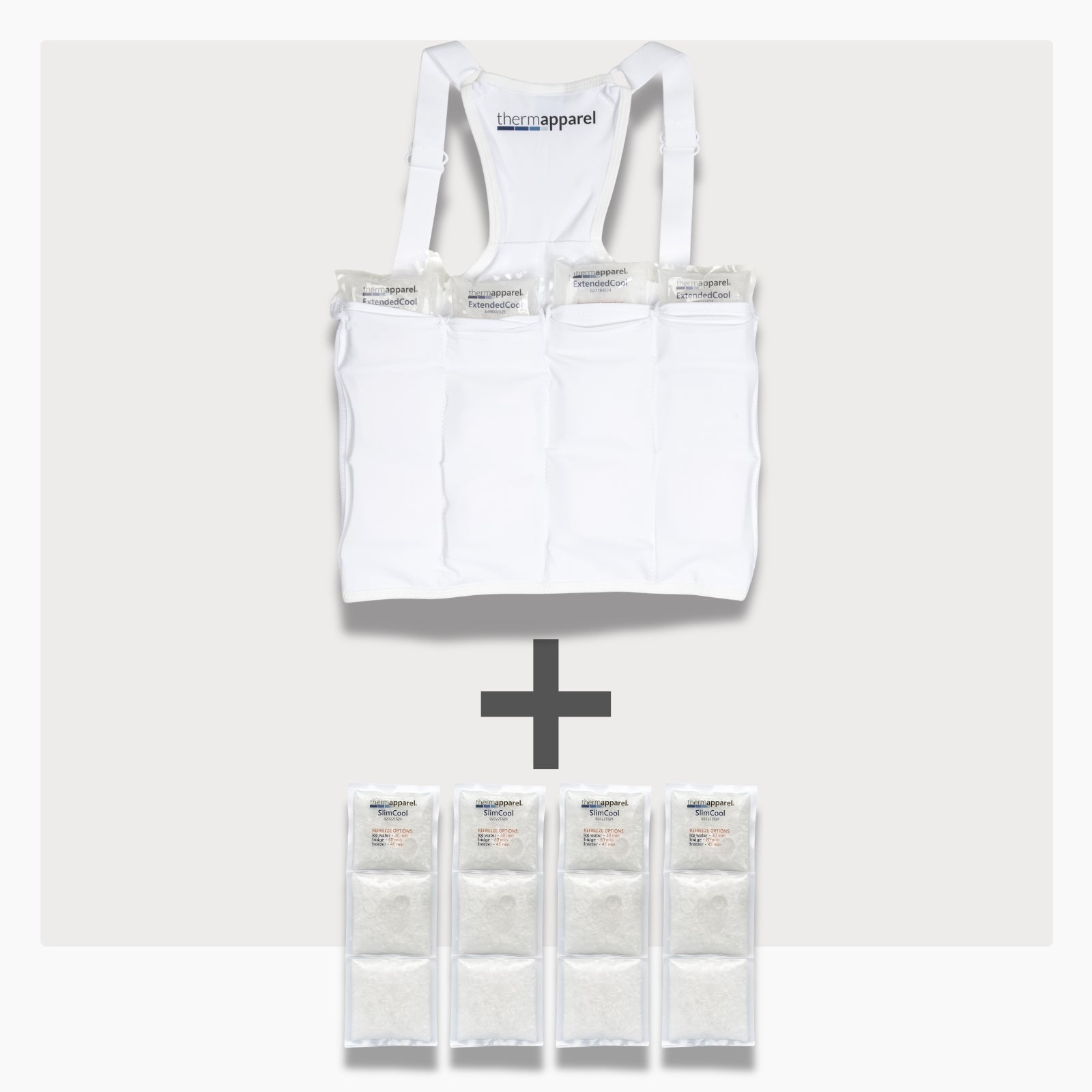 UnderCool 3 Double Pack Cooling Vest Bundle with 4 ExtendedCool Cooling Packs in the Small White garment and 4 spare SlimCool Cooling packs on a white background. 