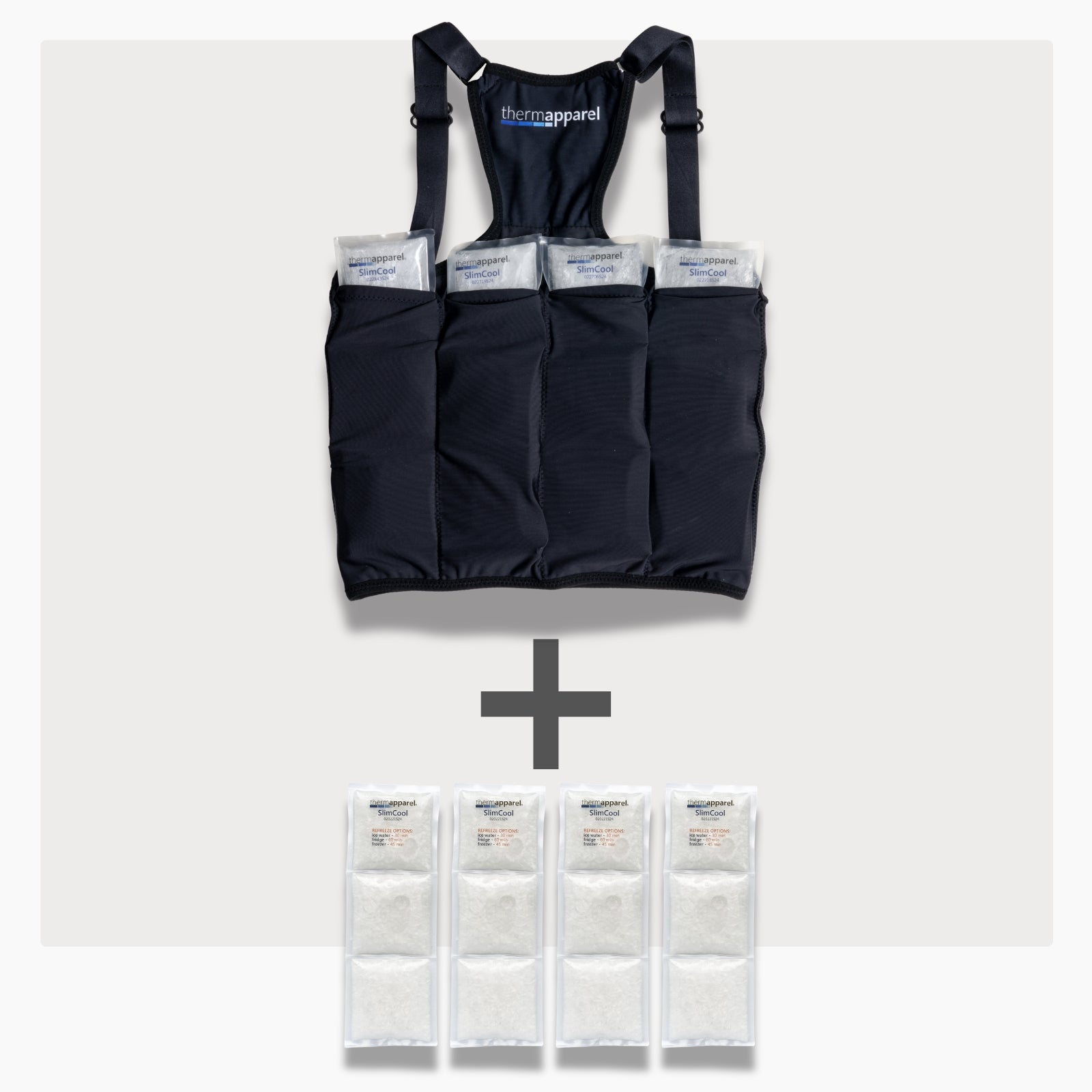 UnderCool 3 Double Pack Cooling Vest Bundle with 4 SlimCool Cooling Packs in the small black garment and 4 spare SlimCool Cooling packs on a white background. 