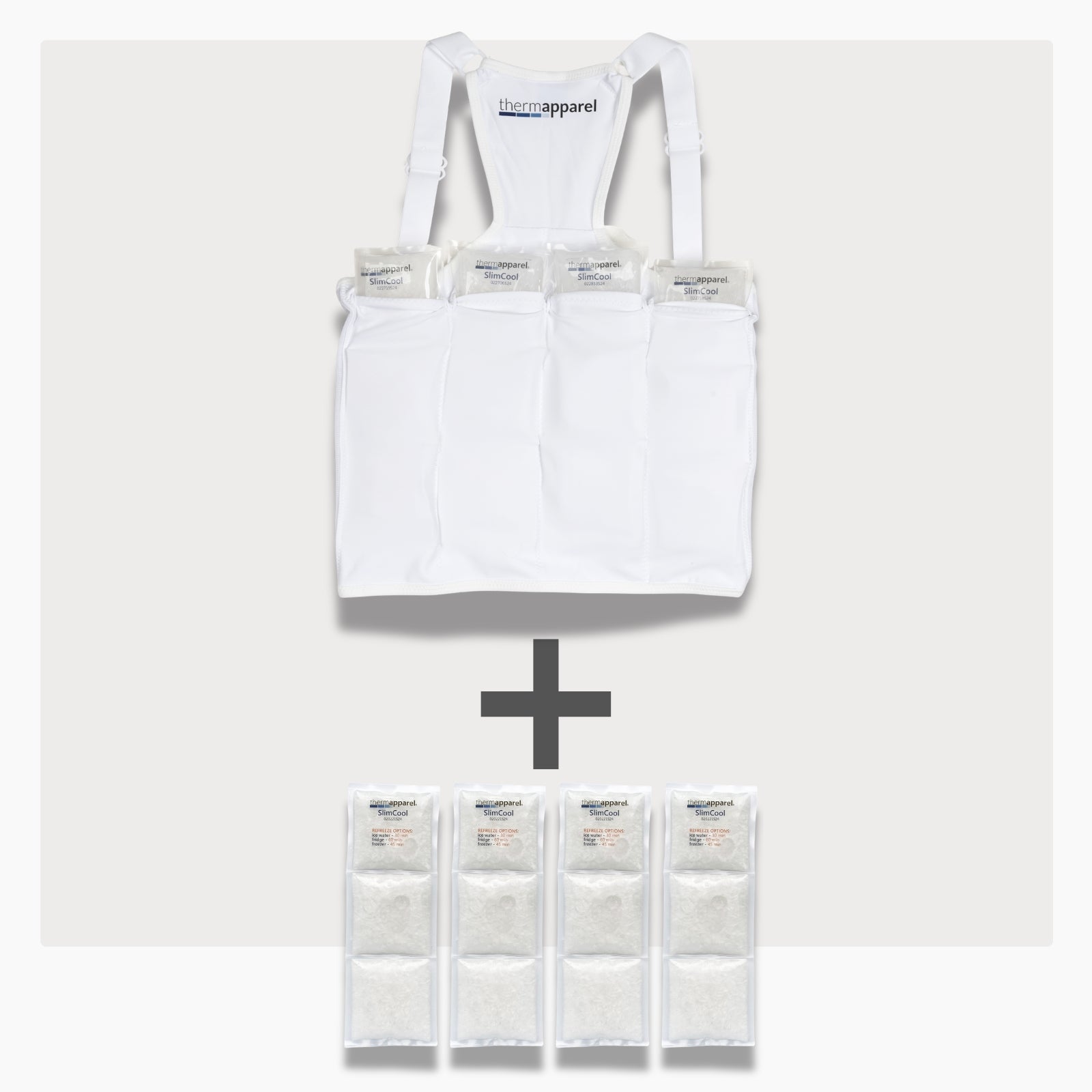 UnderCool 3 Double Pack Cooling Vest Bundle with 4 SlimCool Cooling Packs in the Small White garment and 4 spare SmallCool Cooling packs on a white background. 