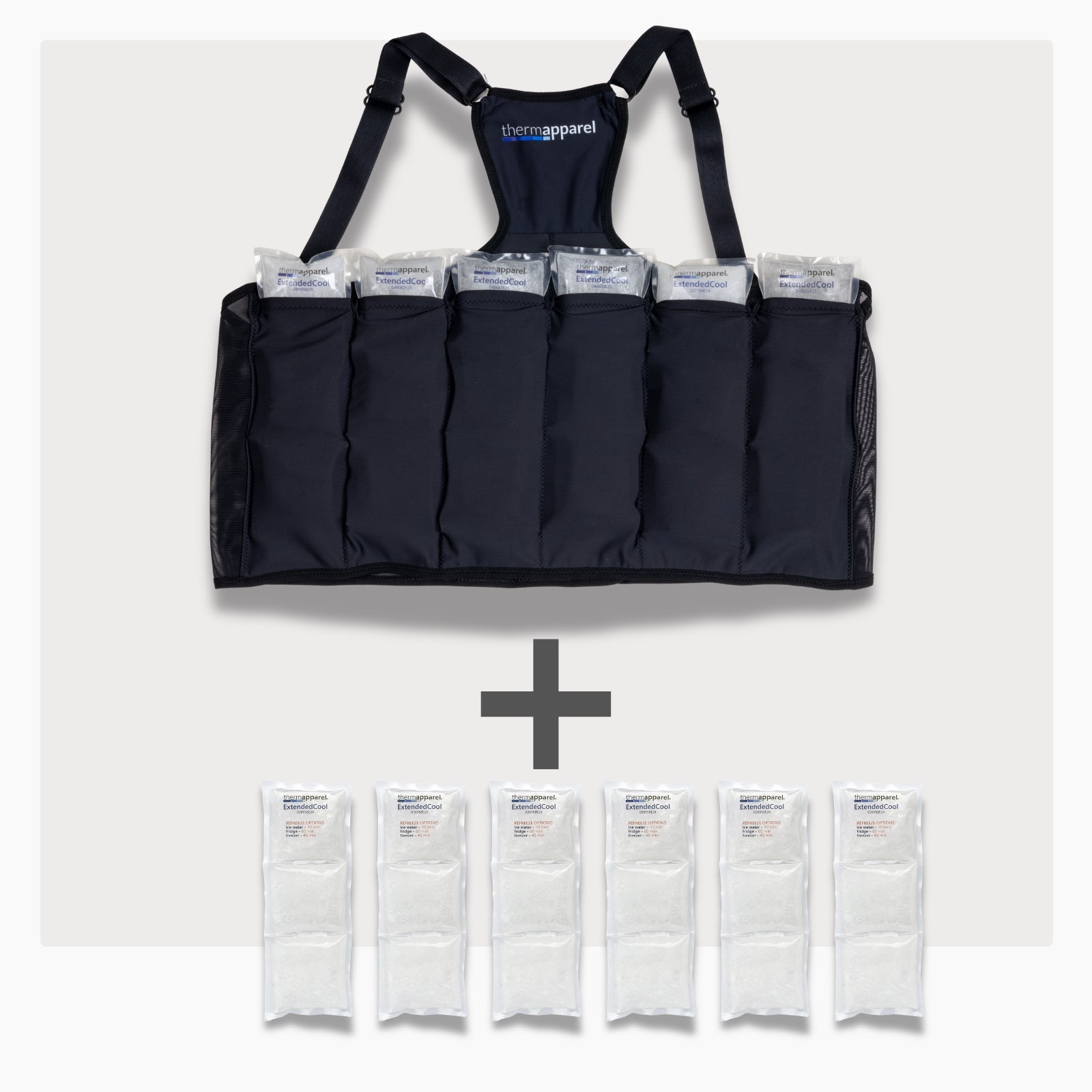 UnderCool 3 Double Pack Cooling Vest Bundle with 6 ExtendedCool Cooling Packs in the XXL black garment and 6 spare ExtendedCool Cooling packs on a white background. 