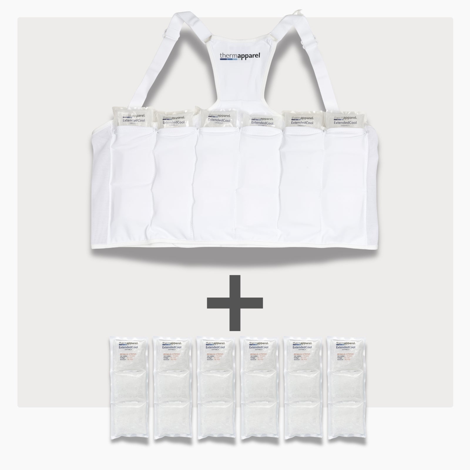 UnderCool 3 Double Pack Cooling Vest Bundle with 6 ExtendedCool Cooling Packs in the large white garment and 6 spare ExtendedCool Cooling packs on a white background. 