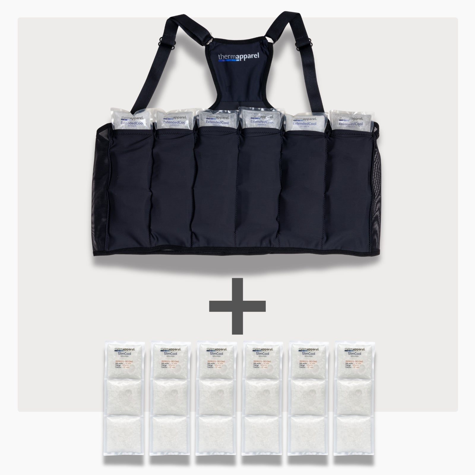 UnderCool 3 Double Pack Cooling Vest Bundle with 6 ExtendedCool Cooling Packs in the XXL black garment and 6 spare SlimCool Cooling packs on a white background. 