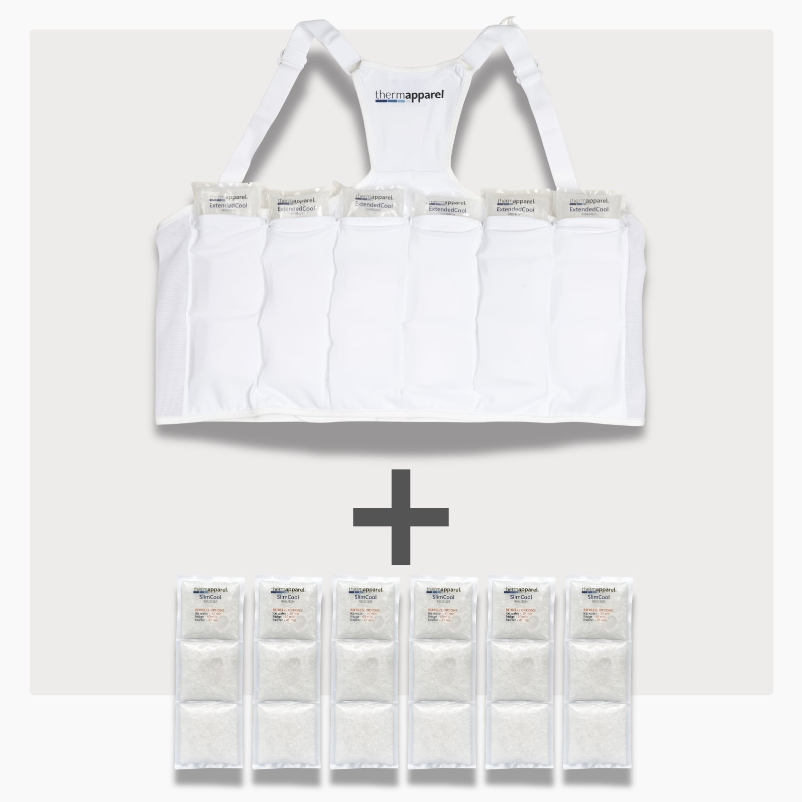 UnderCool 3 Double Pack  Cooling Vest Bundle with 6 ExtendedCool Cooling Packs in the XXL White garment and 6 spare SlimCool Cooling packs on a white background. 