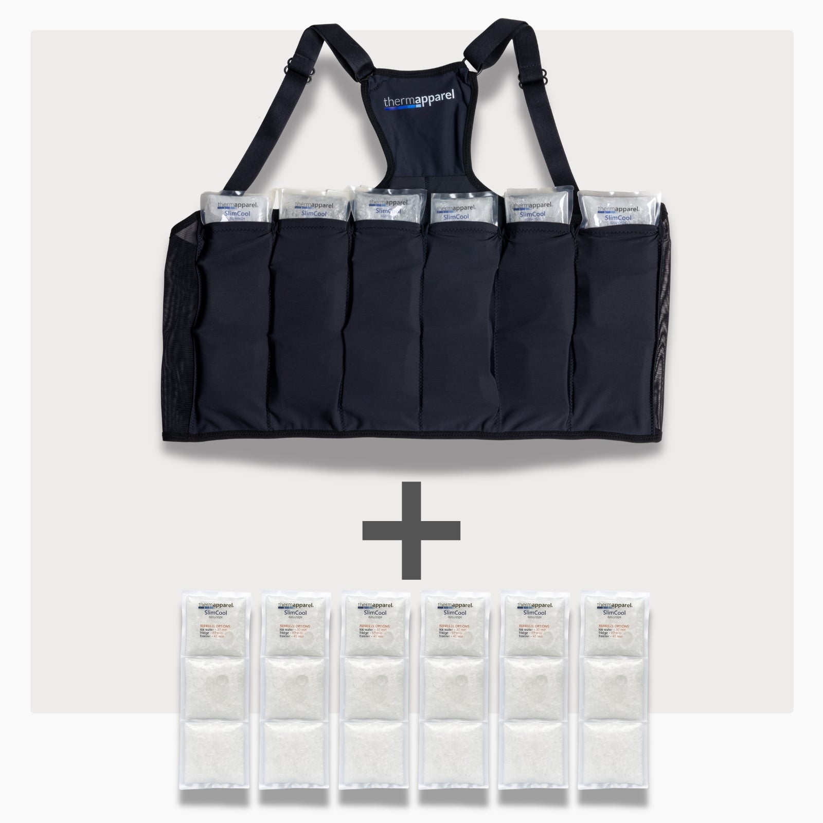 UnderCool 3 Double Pack  Cooling Vest Bundle with 6 SlimCool Cooling Packs in the XXL black garment and 6 spare SlimCool Cooling packs on a white background. 