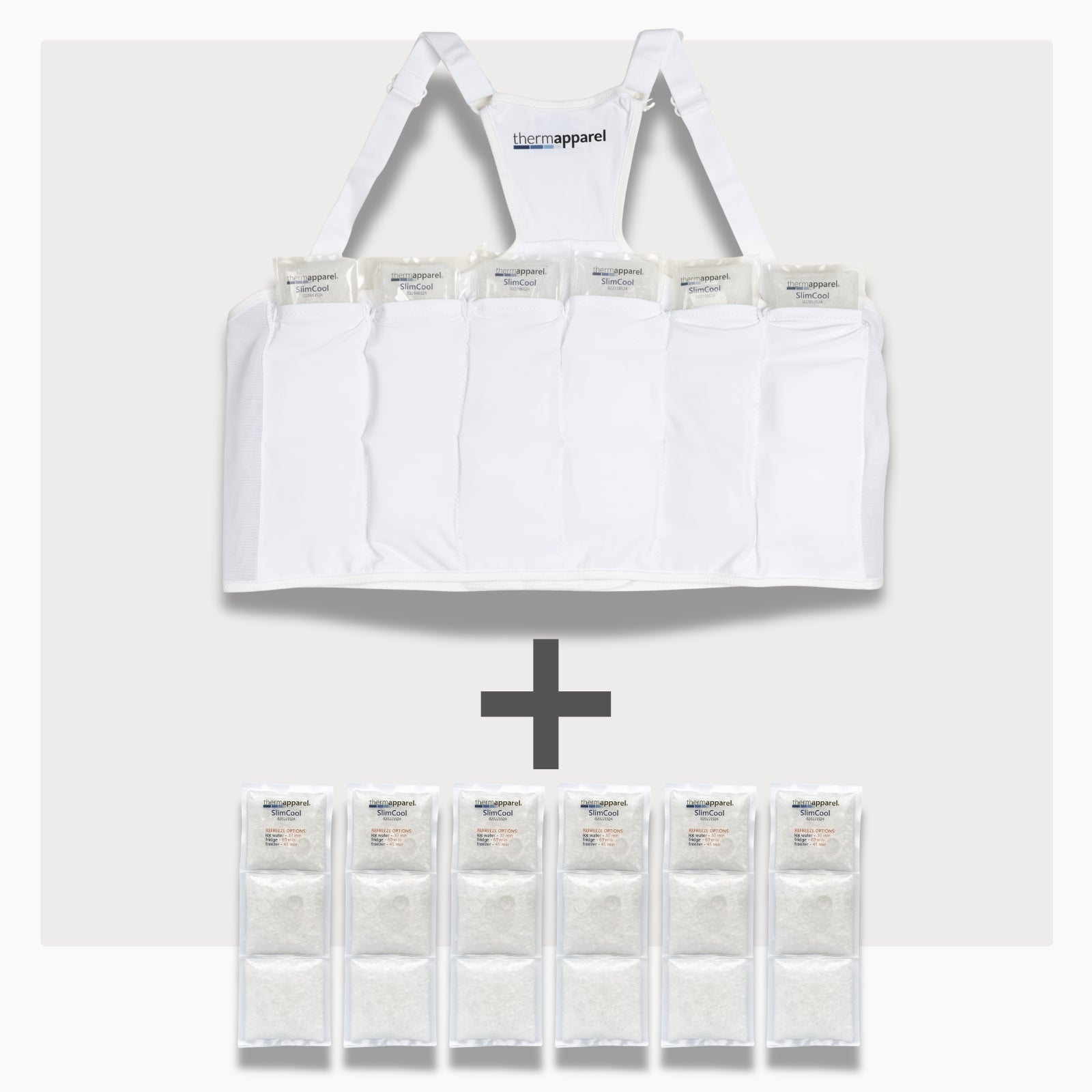 UnderCool 3 Double Pack Cooling Vest Bundle with 6 SlimCool Cooling Packs in the XXL white garment and 6 spare SlimCool Cooling packs on a white background. 